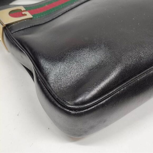Auth Old Vintage Gucci Black Polished Leather Sherry Line Web Shoulder Bag - Picture 6 of 9